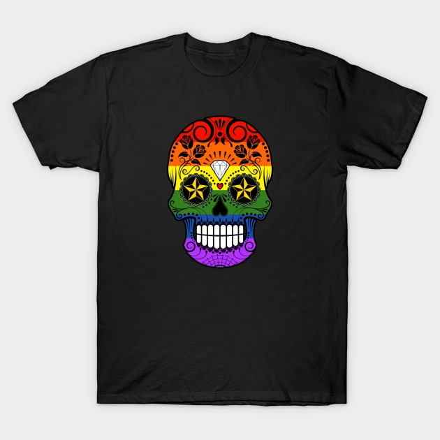 Gay Pride Rainbow Flag Sugar Skull with Roses T-Shirt by jeffbartels